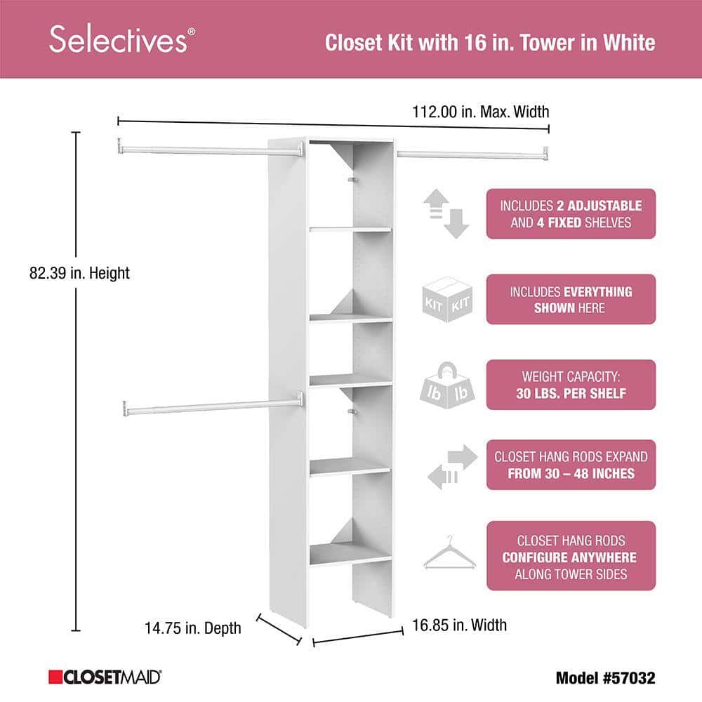 ClosetMaid 7032 Selectives 48 in. W - 112 in. W White Reach-In Tower Wall Mount 6-Shelf Wood Closet System ClosetMaid 7032 Selectives 48 in. W - 112 in. W White Reach-In Tower Wall Mount 6-Shelf Wood Closet System - Image 3