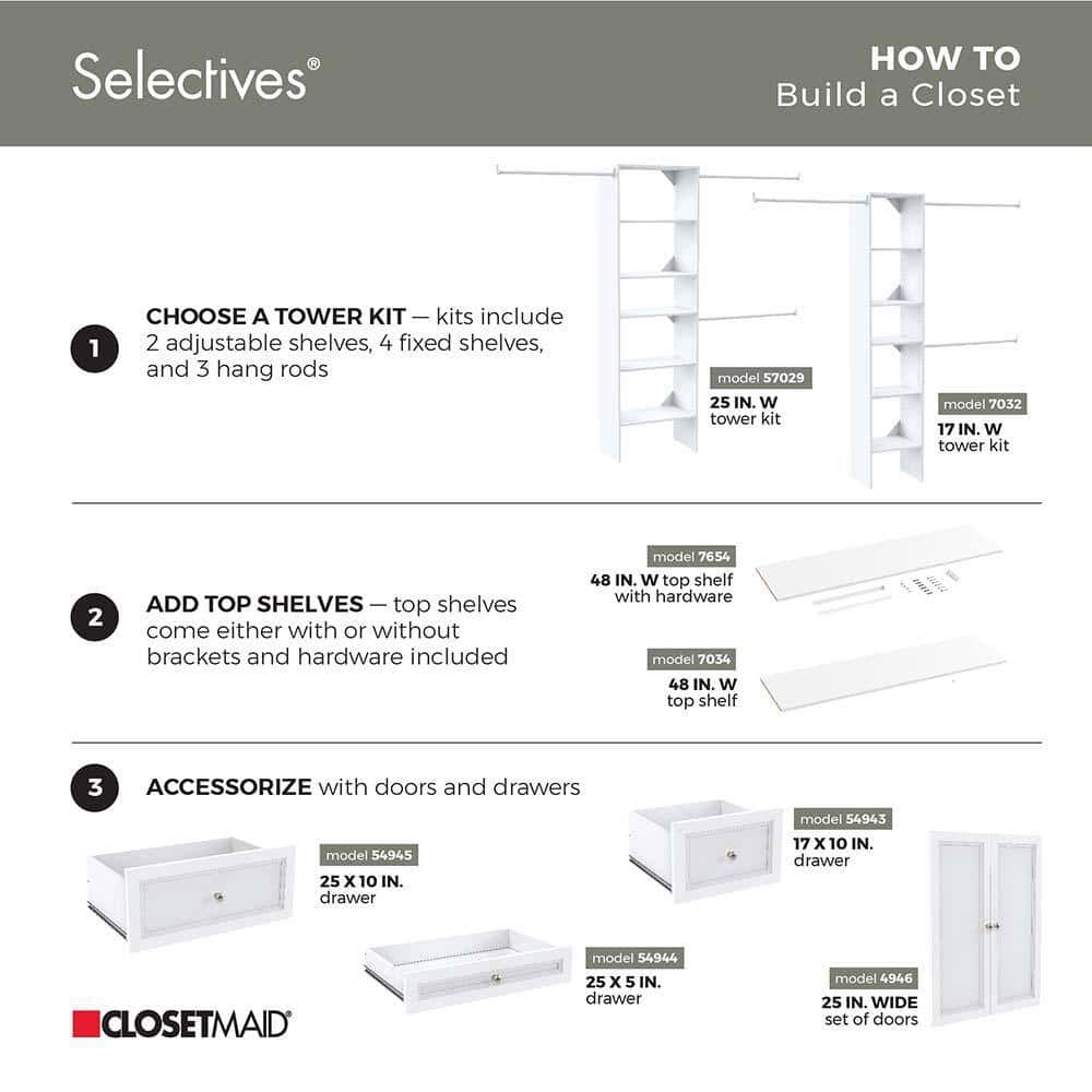 ClosetMaid 7032 Selectives 48 in. W - 112 in. W White Reach-In Tower Wall Mount 6-Shelf Wood Closet System ClosetMaid 7032 Selectives 48 in. W - 112 in. W White Reach-In Tower Wall Mount 6-Shelf Wood Closet System - Image 6