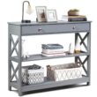 Costway 3-Tier Console Table X-Design Sofa Entryway Table with Drawer & Shelves Gray