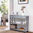 Costway 3-Tier Console Table X-Design Sofa Entryway Table with Drawer & Shelves Gray