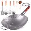 Teewe Carbon Steel Wok Traditional Hand Hammered Wok - 13.4” Chinese Wok Round Bottom Wok Pan Set
