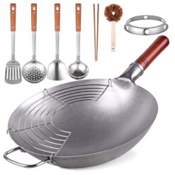 Teewe Carbon Steel Wok Traditional Hand Hammered Wok - 13.4” Chinese Wok Round Bottom Wok Pan Set