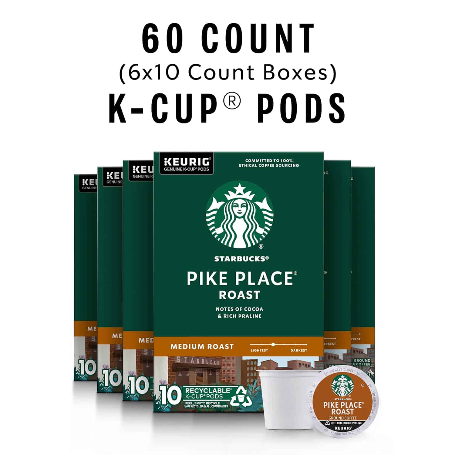 Starbucks K-Cup Coffee Pods—Medium Roast Coffee—Pike Place Roast for Keurig Brewers— Arabica—6 boxes (60 pods total) Starbucks K-Cup Coffee Pods—Medium Roast Coffee—Pike Place Roast for Keurig Brewers—100% Arabica—6 boxes (60 pods total) - 2