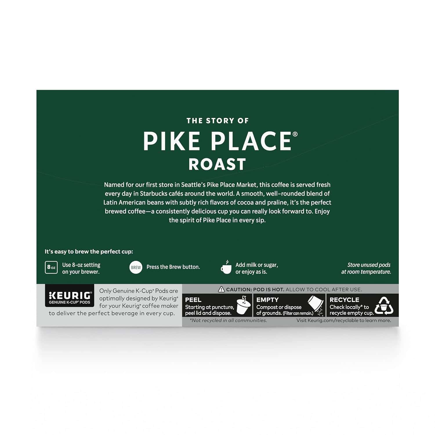 Starbucks K-Cup Coffee Pods—Medium Roast Coffee—Pike Place Roast for Keurig Brewers— Arabica—6 boxes (60 pods total) Starbucks K-Cup Coffee Pods—Medium Roast Coffee—Pike Place Roast for Keurig Brewers—100% Arabica—6 boxes (60 pods total) - 8