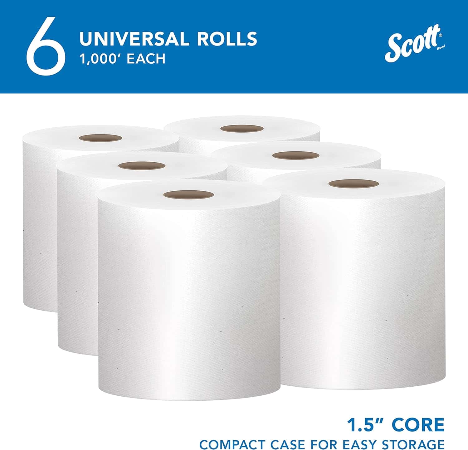 Scott® Essential Universal High-Capacity Hard Roll Towels (01005), 1.5" Core, White Scott® Essential Universal High-Capacity Hard Roll Towels (01005), with Absorbency Pockets™, 1.5" Core, White, (1,000'/Roll, 6 Rolls/Case, 6,000'/Case) - 2