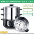 Secura 2 Stainless Steel Food Steamer 8.5 Qt Electric Glass Lid Vegetable Steamer Double Tiered Stackable Baskets with Timer - 8