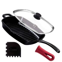 Cuisinel Cast Iron Square Grill Pan + Glass Lid - 10.5" Pre-Seasoned Ridged Skillet + Handle Cover + Pan Scraper