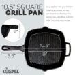 Cuisinel Cast Iron Square Grill Pan + Glass Lid - 10.5" Pre-Seasoned Ridged Skillet + Handle Cover + Pan Scraper