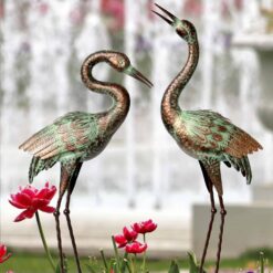 Shorayn Garden Crane Statues, Blue Heron Sculptures for Outdoor, Cranes Decor Metal Bird, Patina Garden Art Lawn Ornaments for Yard Patio Porch Outside Decorations - 1