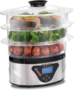 Hamilton Beach Digital Electric Food Steamer & Rice Cooker for Quick, Healthy Cooking with Stackable Three-Tier Bowls for Vegetables and Seafood, 8.25 Quart, Black & Stainless Steel - 1