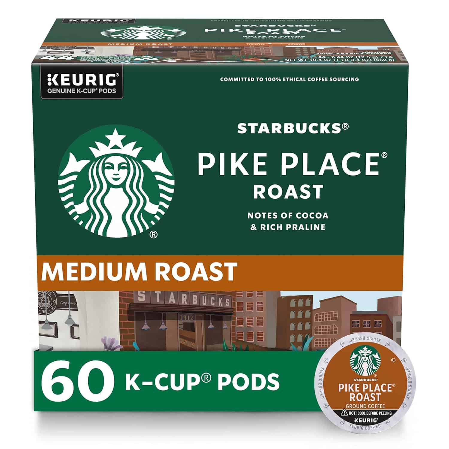 Starbucks K-Cup Coffee Pods—Medium Roast Coffee—Pike Place Roast for Keurig Brewers— Arabica—6 boxes (60 pods total) Starbucks K-Cup Coffee Pods—Medium Roast Coffee—Pike Place Roast for Keurig Brewers—100% Arabica—6 boxes (60 pods total) - 1
