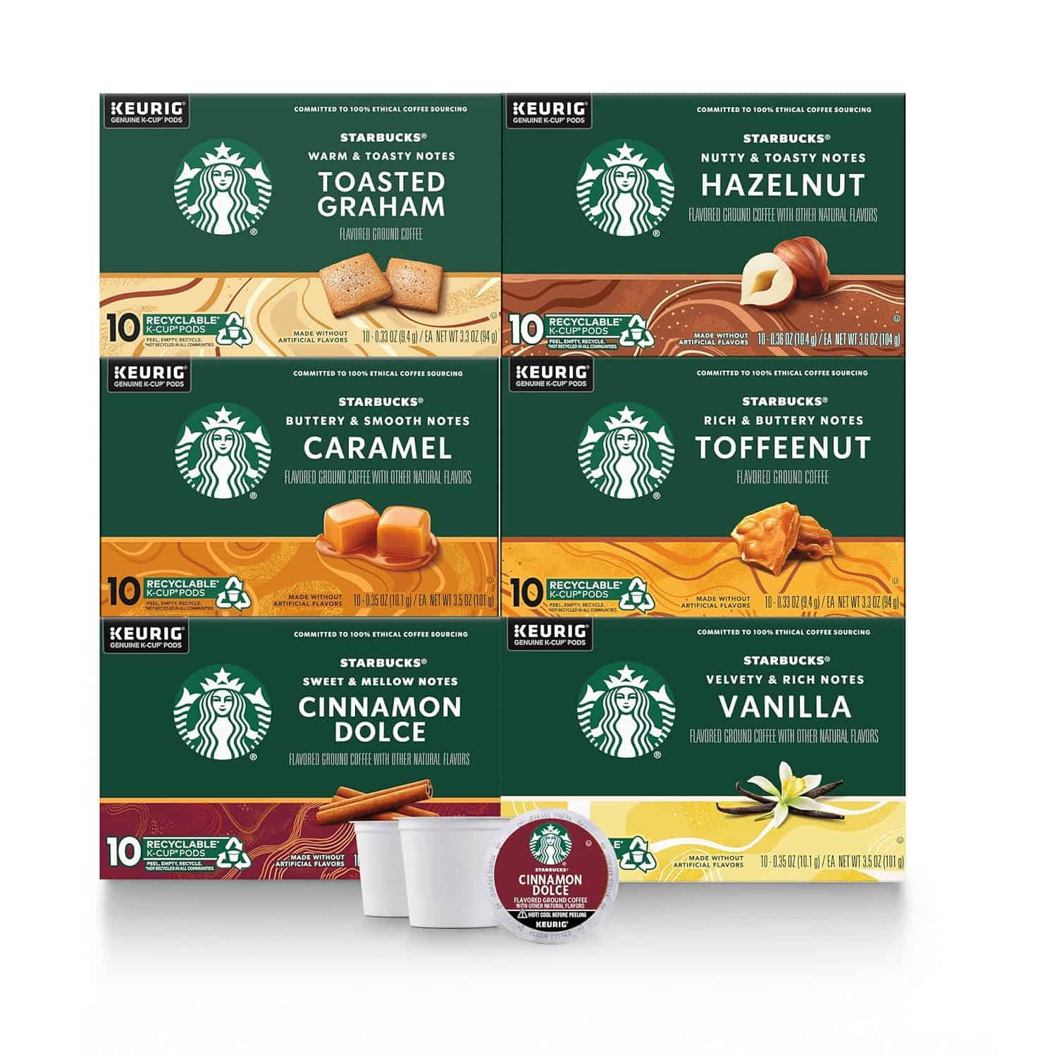 Starbucks K-Cup Coffee Pods—Flavored Coffee—Variety Pack for Keurig Brewers—Naturally Flavored— Arabica—6 boxes (60 pods total) Starbucks K-Cup Coffee Pods—Flavored Coffee—Variety Pack for Keurig Brewers—Naturally Flavored—100% Arabica—6 boxes (60 pods total) - 1