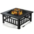 Costway 32'' 3 in 1 Outdoor Square Fire Pit Table W/ BBQ Grill, Rain Cover for Camping