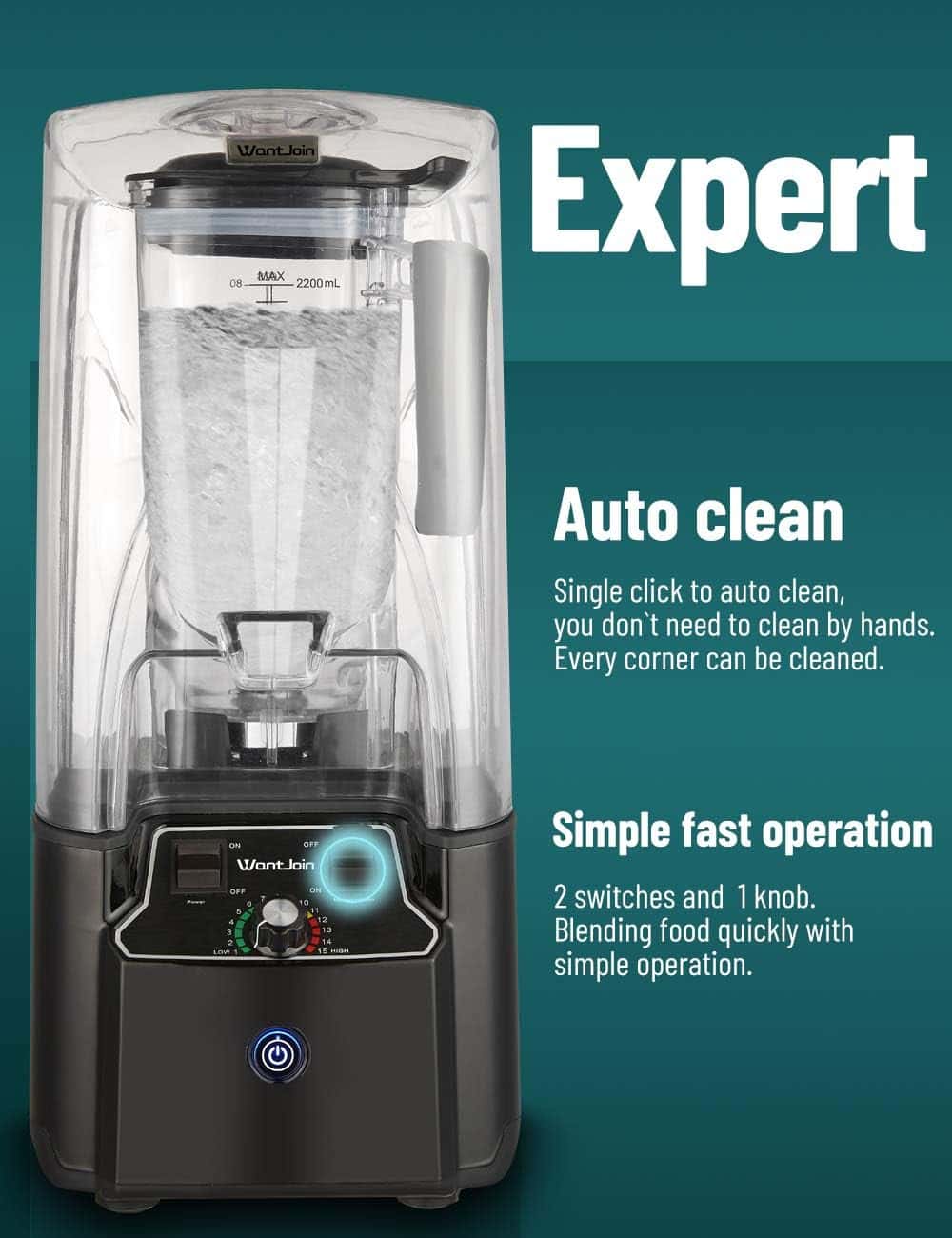 WantJoin Commercial Blender 2200W - Quiet Sound Enclosure, Powerful Professional-Grade, Self-Cleaning, Black WantJoin Commercial Blender 2200W - Quiet Sound Enclosure, Powerful Professional-Grade, Self-Cleaning, Black - Image 5