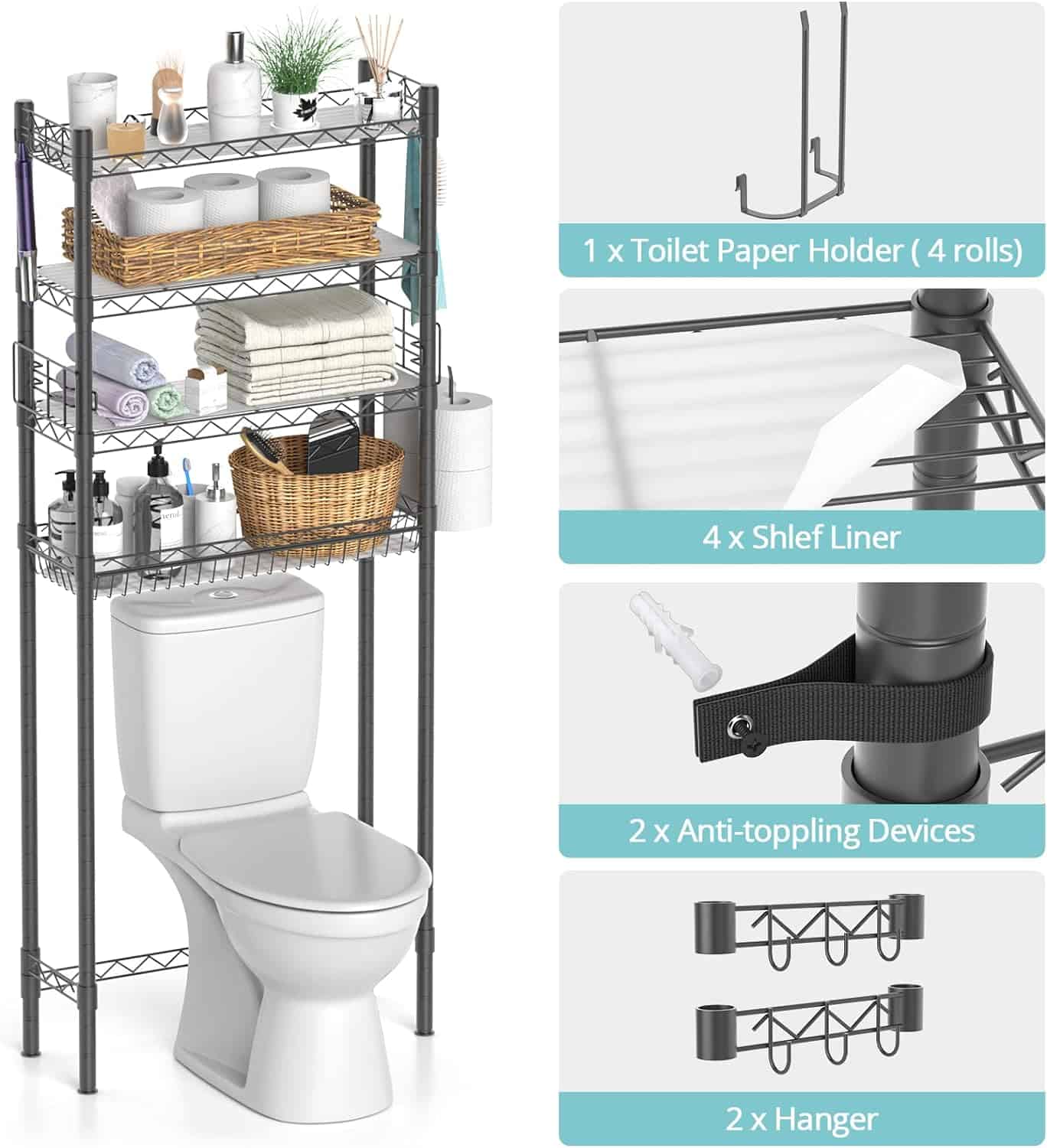 Hodonas Bathroom Organizer Over Toilet Storage, 4-Tier Toilet Shelf Bathroom Shelves Over Toilet, Gray Hodonas Bathroom Organizer Over Toilet Storage, 4-Tier Toilet Shelf Bathroom Shelves Over Toilet, Above Toilet Storage Rack Bathroom Space Saver, Gray - 7