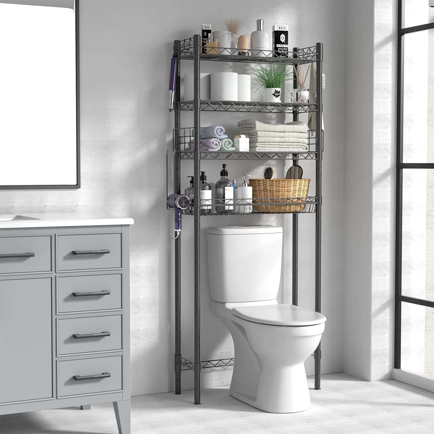 Hodonas Bathroom Organizer Over Toilet Storage, 4-Tier Toilet Shelf Bathroom Shelves Over Toilet, Gray Hodonas Bathroom Organizer Over Toilet Storage, 4-Tier Toilet Shelf Bathroom Shelves Over Toilet, Above Toilet Storage Rack Bathroom Space Saver, Gray - 2
