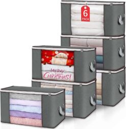 90L Large Storage Bags, 6 Pack Clothes Storage Bins Foldable Closet Organizers Storage Containers with Durable Handle for Clothing, Blanket, Comforters, Bed Sheets, Pillows and Toys (Gray) - 1