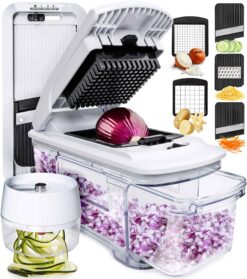 Fullstar All-in-1 Vegetable Chopper, Mandoline Slicer & Cheese Grater (6 in 1, Black/White)