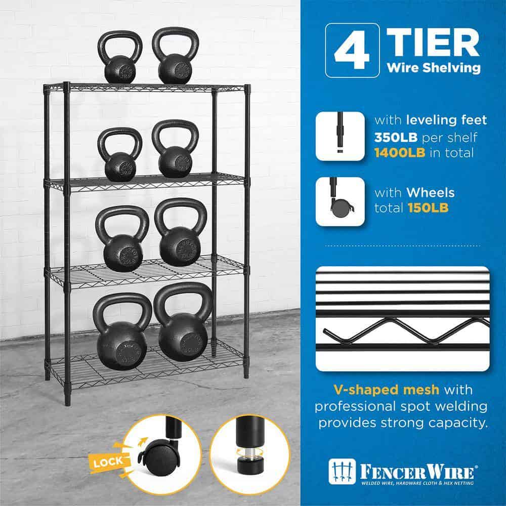 Fencer Wire Black 4-Tier Metal Garage Storage Shelving Unit with Leveling Feet and Wheels (36 in. W x 14 in. D x 56 in. H) Fencer Wire Black 4-Tier Metal Garage Storage Shelving Unit with Leveling Feet and Wheels (36 in. W x 14 in. D x 56 in. H) - Image 6