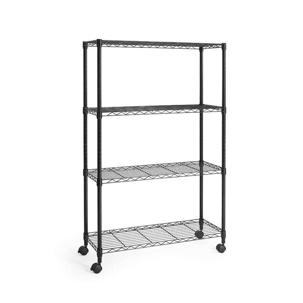 Fencer Wire Black 4-Tier Metal Garage Storage Shelving Unit with Leveling Feet and Wheels (36 in. W x 14 in. D x 56 in. H) Fencer Wire Black 4-Tier Metal Garage Storage Shelving Unit with Leveling Feet and Wheels (36 in. W x 14 in. D x 56 in. H)