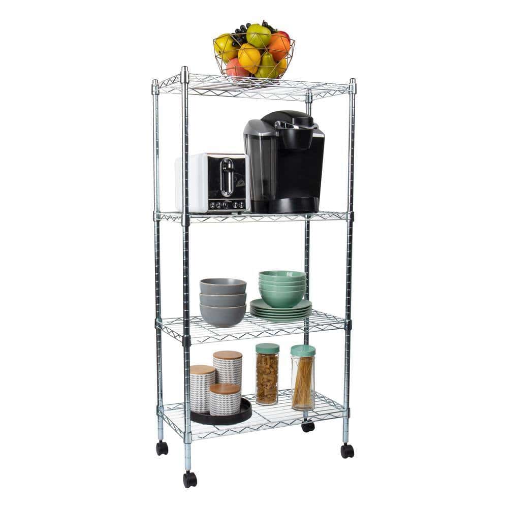 Mind Reader Silver Alloy Collection, Adjustable 4-Tier Industrial Storage Shelves with Wheels, Metal Mind Reader Silver Alloy Collection, Adjustable 4-Tier Industrial Storage Shelves with Wheels, Metal