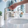 Moen Lindor Transitional Spot Resist Brushed Nickel Single Hole 1-handle WaterSense High-arc Bathroom Sink Faucet with Drain and Deck Plate