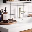 Moen Rinza Modern Straight Spout Spot Resist Brushed Nickel Single Hole 1-handle WaterSense Bathroom Sink Faucet with Drain and Deck Plate