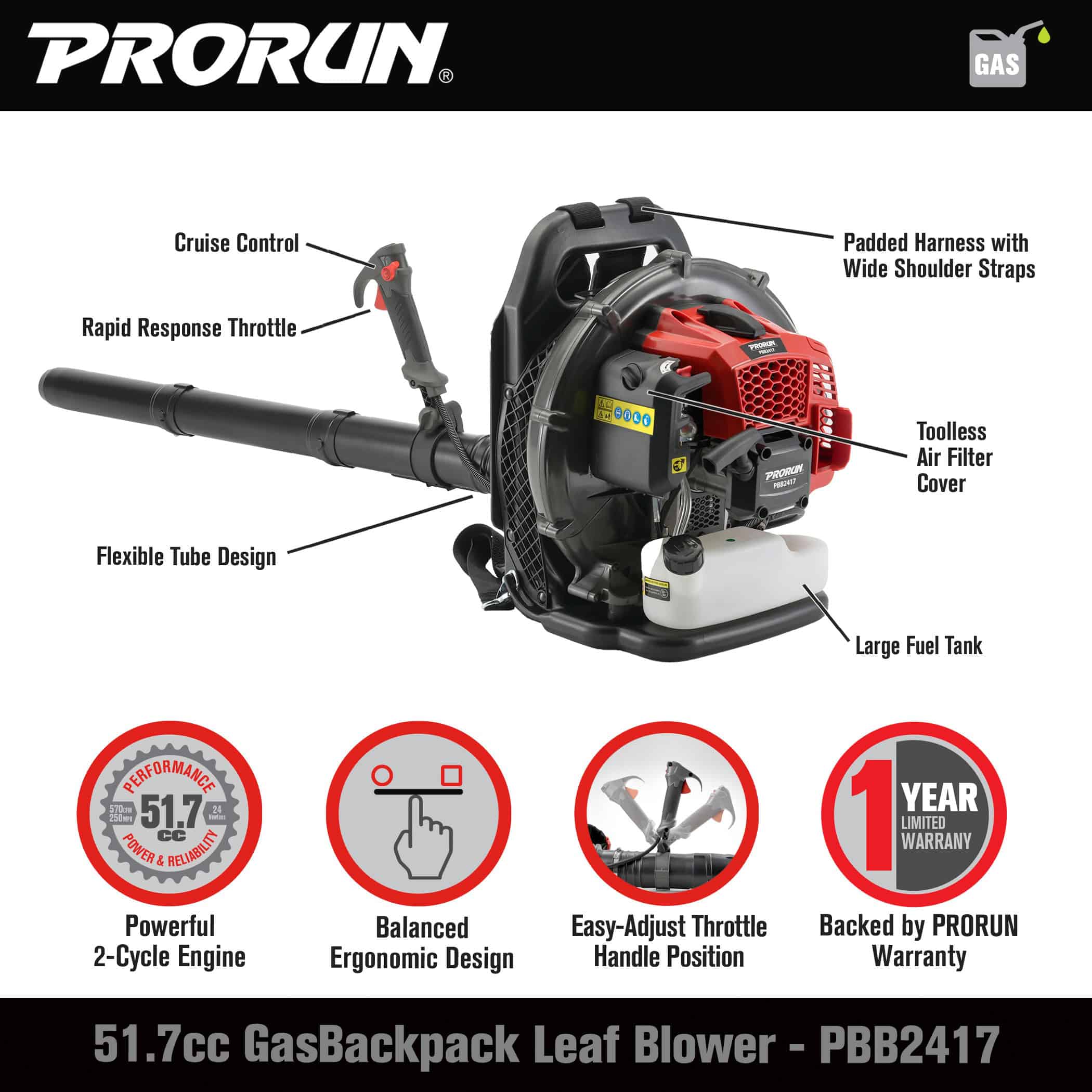 PRORUN PBB2417 51.7-cc 2-cycle 570-CFM 250-MPH Gas Backpack Leaf Blower PRORUN PBB2417 51.7-cc 2-cycle 570-CFM 250-MPH Gas Backpack Leaf Blower - Image 2