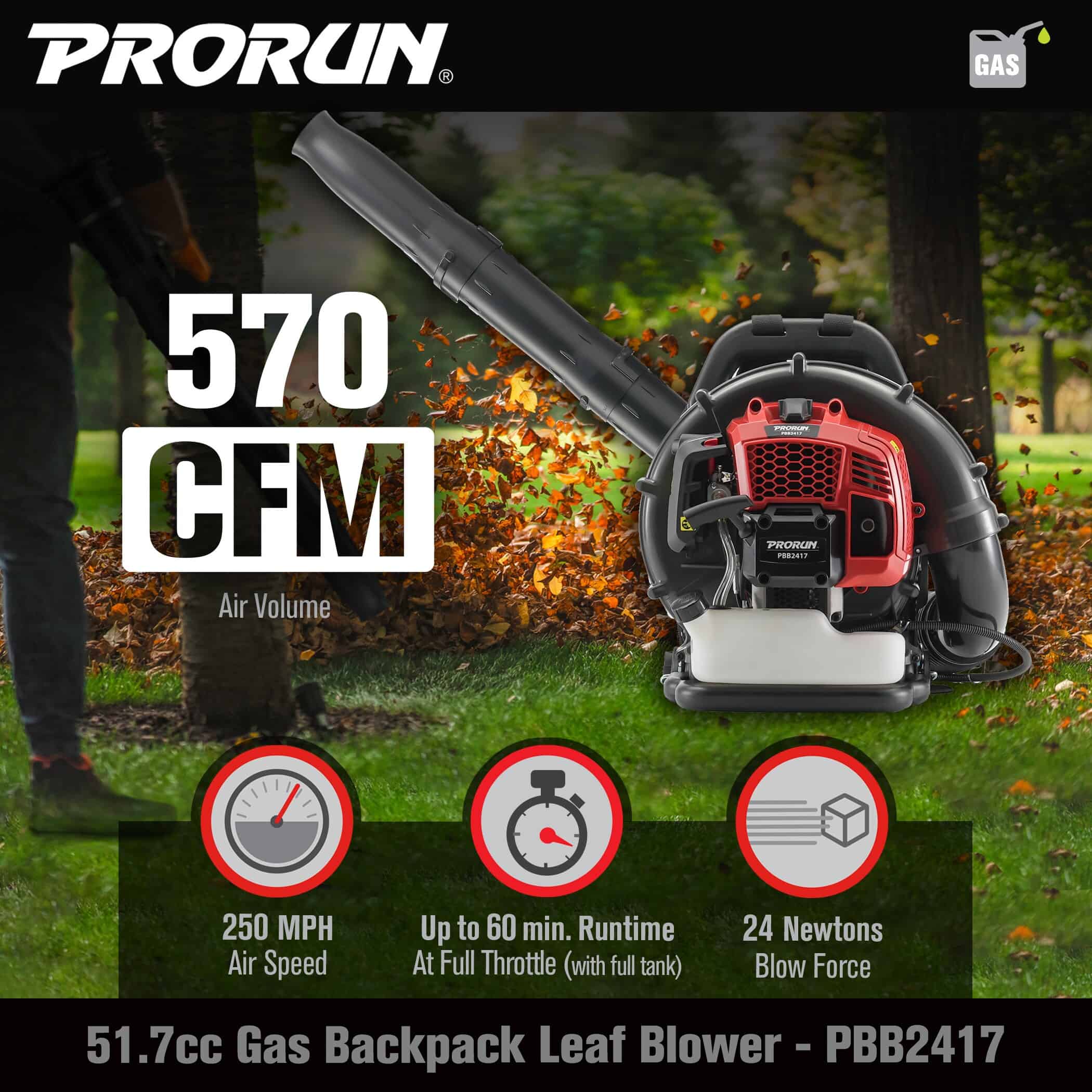 PRORUN PBB2417 51.7-cc 2-cycle 570-CFM 250-MPH Gas Backpack Leaf Blower PRORUN PBB2417 51.7-cc 2-cycle 570-CFM 250-MPH Gas Backpack Leaf Blower - Image 3