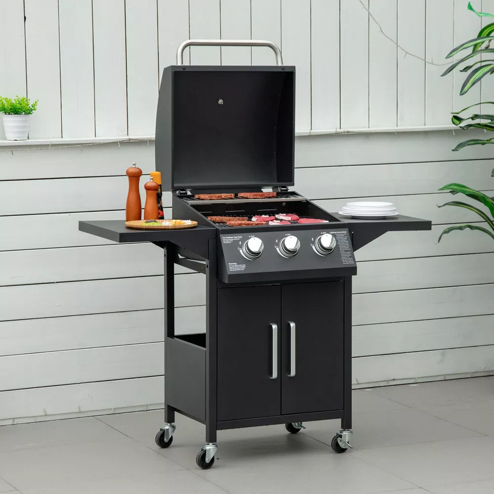 Outsunny 3 Burner Portable Gas Grill w/ Wheels, Outdoor Steel Propane Barbecue w/ Warming Rack, Black Outsunny 3 Burner Portable Gas Grill w/ Wheels, Outdoor Steel Propane Barbecue w/ Warming Rack, Black - Image 6