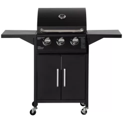 Outsunny 3 Burner Portable Gas Grill w/ Wheels, Outdoor Steel Propane Barbecue w/ Warming Rack, Black