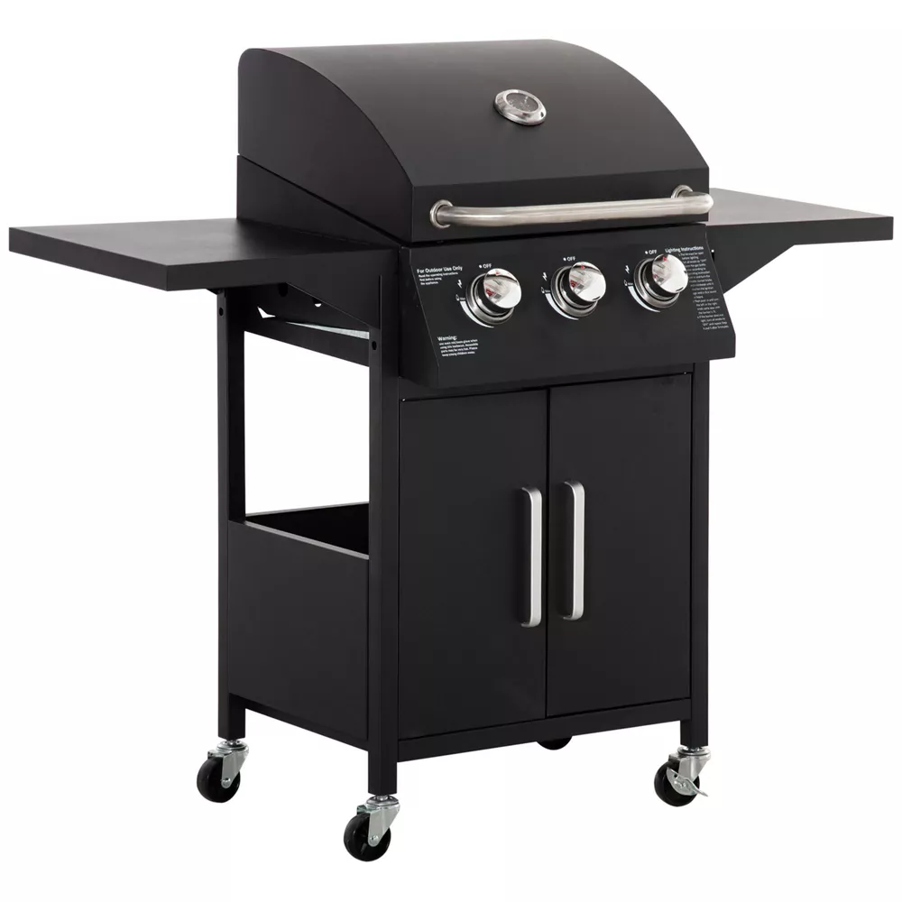 Outsunny 3 Burner Portable Gas Grill w/ Wheels, Outdoor Steel Propane Barbecue w/ Warming Rack, Black Outsunny 3 Burner Portable Gas Grill w/ Wheels, Outdoor Steel Propane Barbecue w/ Warming Rack, Black - Image 4