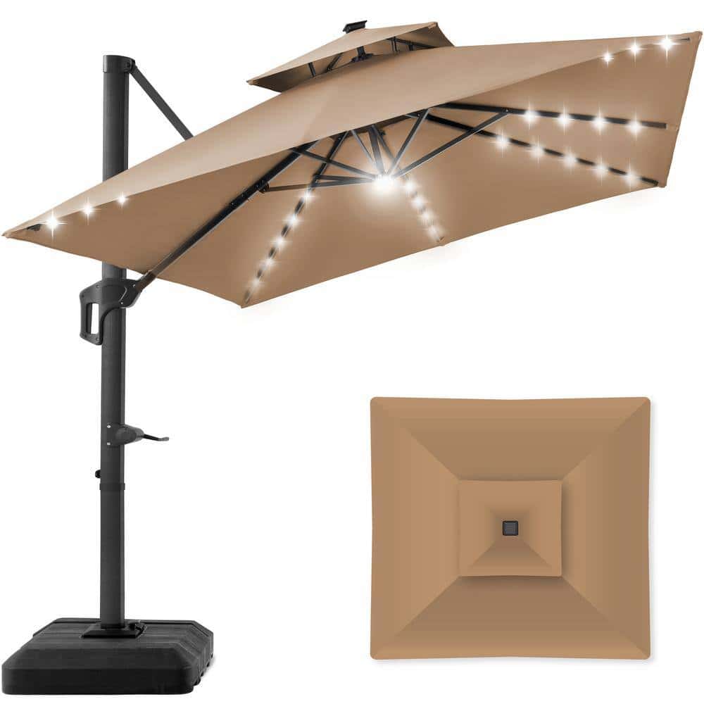 Best Choice Products 10 ft. Solar LED 2-Tier Square Cantilever Patio Umbrella with Base Included in Tan Best Choice Products 10 ft. Solar LED 2-Tier Square Cantilever Patio Umbrella with Base Included in Tan