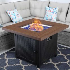 PHI VILLA THD-E02GS002 33.9 in. W x 25.2 in. H Square Wood-like Metal Steel Gas Fire Pit Table with Cover and 50000 BTU Burner
