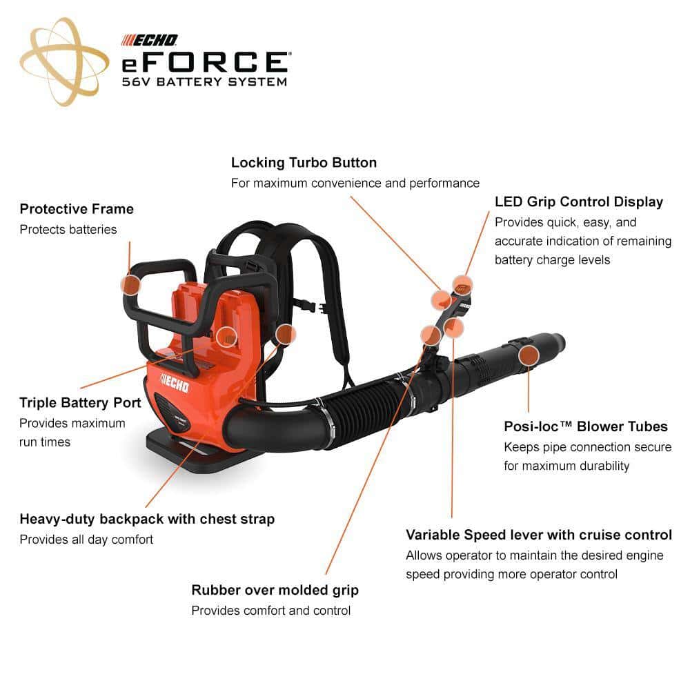 ECHO eFORCE 56V 195 MPH 795 CFM Cordless Battery Backpack Blower w/Tube Throttle & (2) 5.0Ah Batteries & Dual Port Charger ECHO eFORCE 56V 195 MPH 795 CFM Cordless Battery Backpack Blower w/Tube Throttle & (2) 5.0Ah Batteries & Dual Port Charger - Image 2