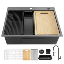 Glacier Bay 27 in Drop-In Single Bowl 18 Gauge Gunmetal Black Stainless Steel Workstation Kitchen Sink with Black Spring Neck Faucet