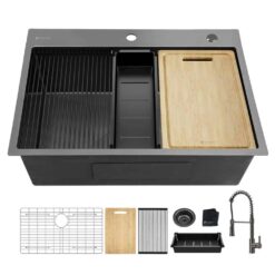 Glacier Bay 30 in Drop-In Single Bowl 18 Gauge Gunmetal Black Stainless Steel Workstation Kitchen Sink with Black Spring Neck Faucet