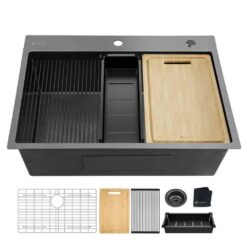 Glacier Bay 32 in. Drop-In Single Bowl 18 Gauge Gunmetal Black Stainless Steel Workstation Kitchen Sink