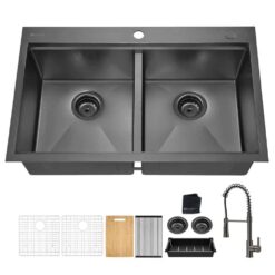 Glacier Bay ACS3322A2T-FW 33 in Drop-In Double Bowl 18 Gauge Gunmetal Black Stainless Steel Workstation Kitchen Sink