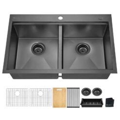 Glacier Bay 33 in. Drop-In Double Bowl 18 Gauge Gunmetal Black Stainless Steel Workstation Kitchen Sink