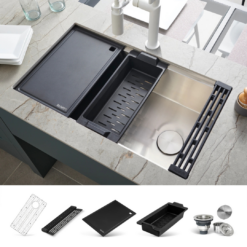 Ruvati RVH8597 33-inch Workstation Slope Bottom Offset Drain Undermount 16 Gauge Kitchen Sink