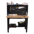Montezuma MWB482454B 4 ft. Adjustable Height Steel Workbench with Solid Wood Top and Pegboard Back Wall