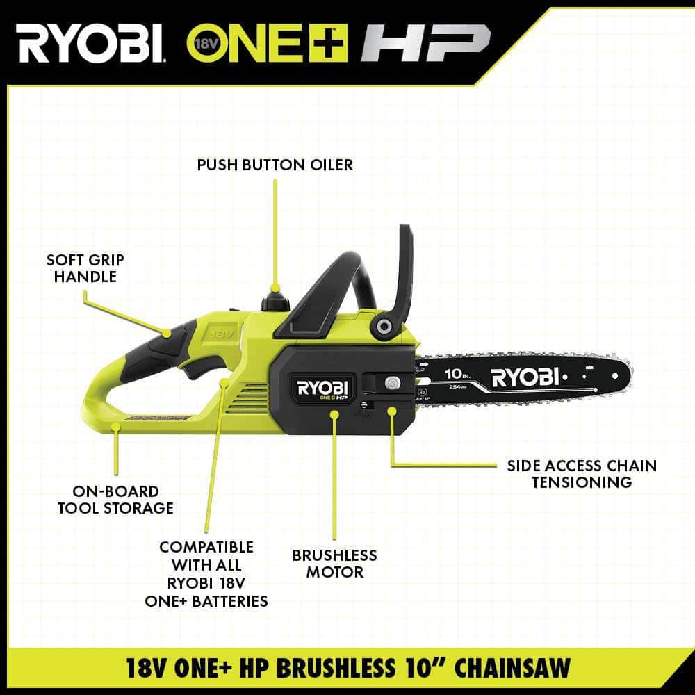 RYOBI P2520-PS ONE+ HP 18V Cordless 10 in. Chainsaw and Whisper Series 8 in. Pole Saw with 4.0 Ah Battery and Charger RYOBI P2520-PS ONE+ HP 18V Cordless 10 in. Chainsaw and Whisper Series 8 in. Pole Saw with 4.0 Ah Battery and Charger - Image 3