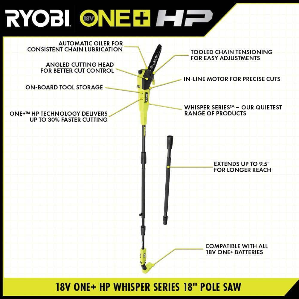 RYOBI P2520-PS ONE+ HP 18V Cordless 10 in. Chainsaw and Whisper Series 8 in. Pole Saw with 4.0 Ah Battery and Charger RYOBI P2520-PS ONE+ HP 18V Cordless 10 in. Chainsaw and Whisper Series 8 in. Pole Saw with 4.0 Ah Battery and Charger - Image 4
