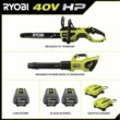 RYOBI 40V HP Brushless 18 in. Battery Chainsaw and 190 MPH 730CFM Battery Leaf Blower w/ (3) Batteries, (two) Chargers