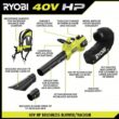 RYOBI RY404150-LB 40V HP Brushless 100 MPH 600 CFM Cordless Leaf Blower/Mulcher/Vacuum w/ Lawn & Leaf Bag, (2) 4.0 Ah Batteries & Charger