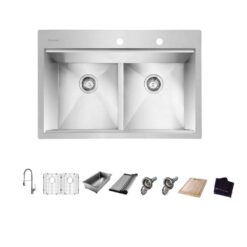 Glacier Bay Zero Radius 33 in. Drop-In 50/50 Double Bowl 18 Gauge Stainless Steel Workstation Kitchen Sink with Spring Neck Faucet