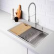 Glacier Bay Zero Radius 33 in. Drop-In 50/50 Double Bowl 18 Gauge Stainless Steel Workstation Kitchen Sink with Spring Neck Faucet
