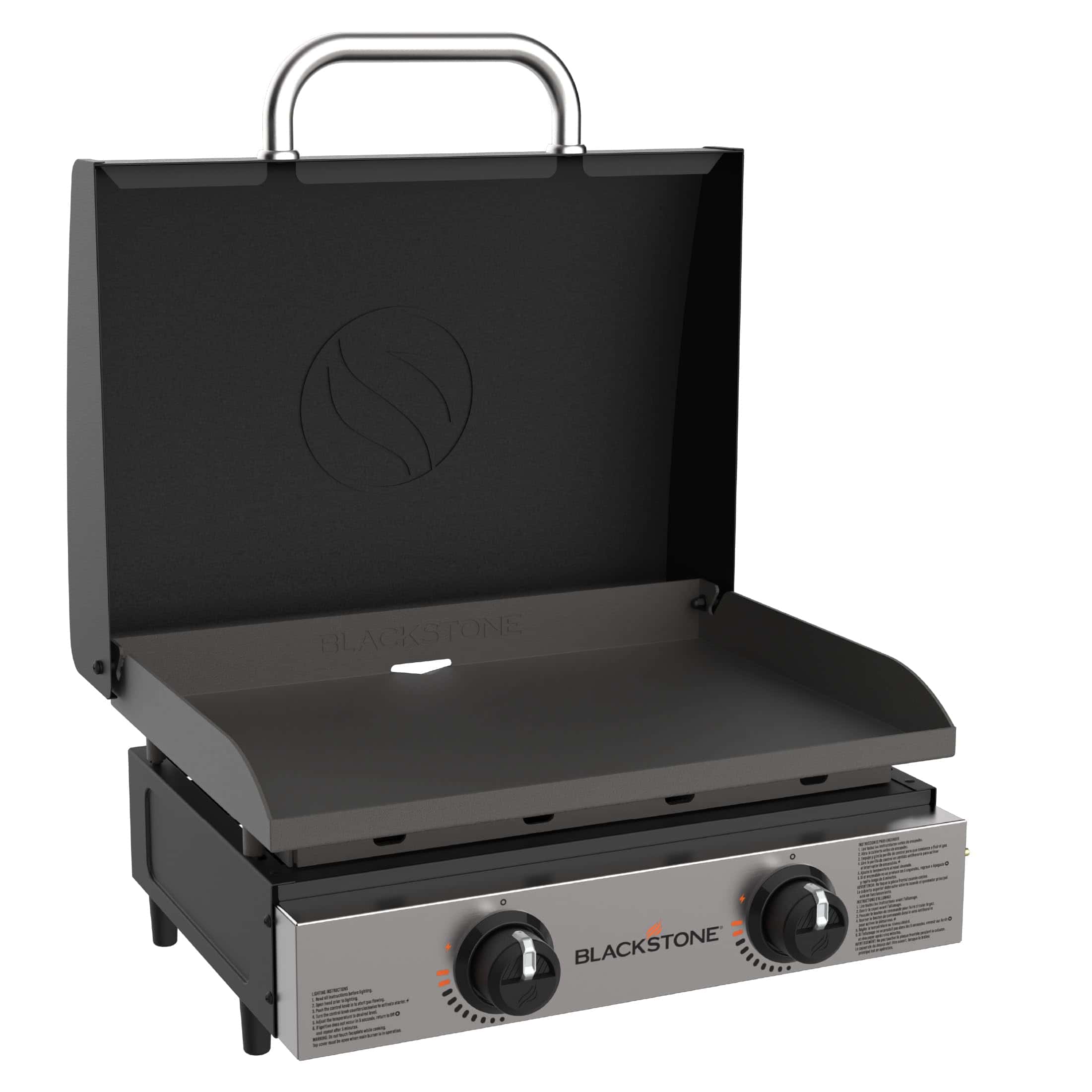 Blackstone 22" Tabletop Griddle with Hood & Stainless Steel Front Blackstone 1813 Original 22” Tabletop Griddle with Hood and Stainless Steel Front Plate, Powder Coated Steel, Black