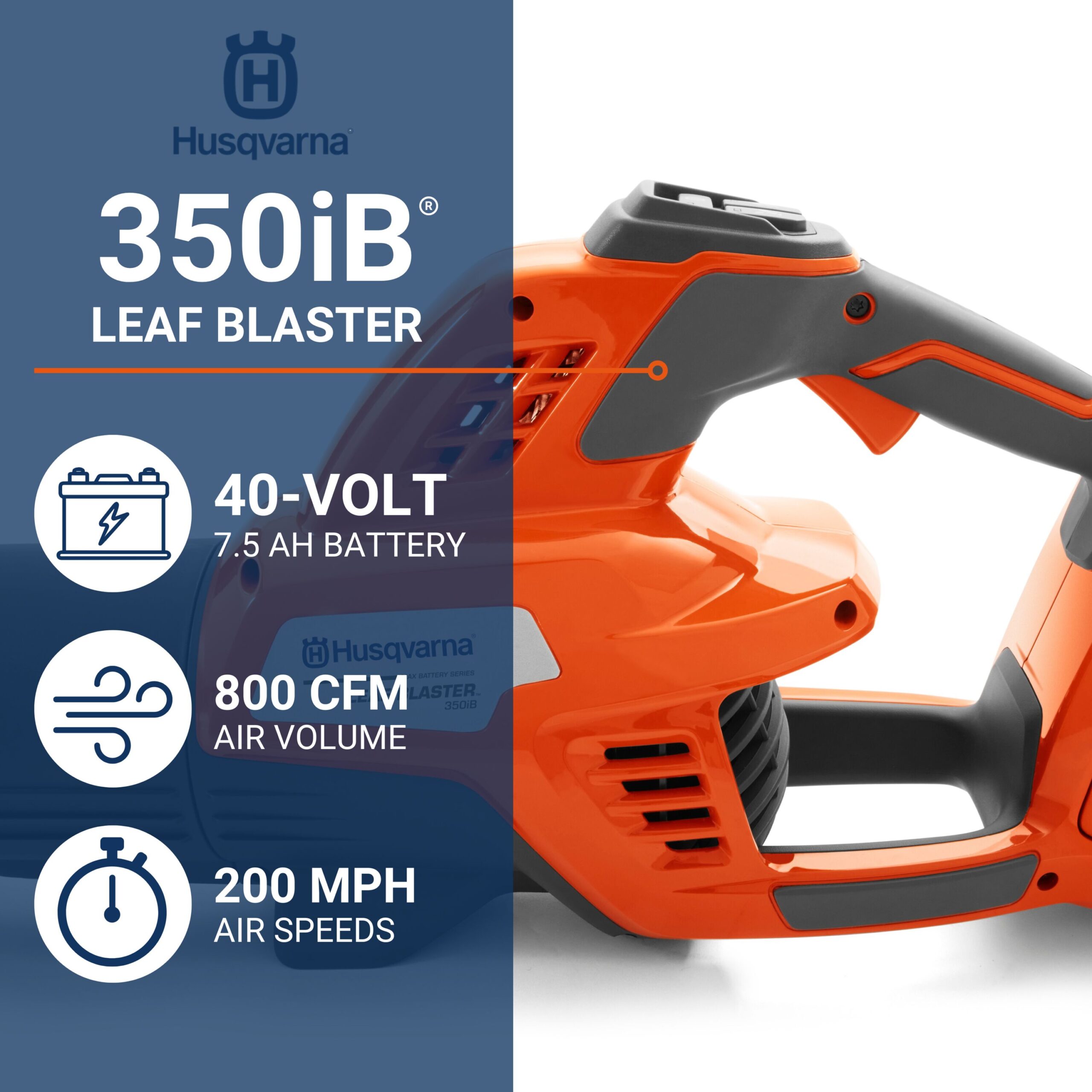 Husqvarna Leaf Blaster 350iB Battery Powered Cordless Leaf Blower, 200-MPH 800-CFM Battery Leaf Blower Husqvarna Leaf Blaster 350iB Battery Powered Cordless Leaf Blower, 200-MPH 800-CFM Battery Leaf Blower - Image 2